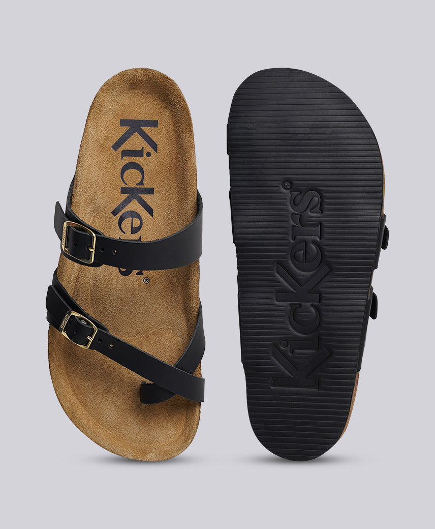 Kickers Women KICK- DIYA Genuine Leather BLACK Flat Sandal