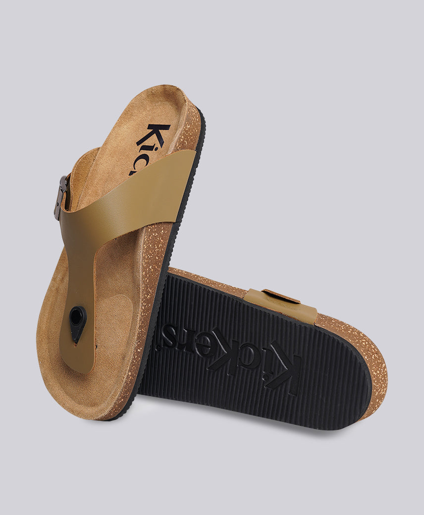 Kickers Men KICK FUNI Genuine Leather Khaki Flat Sandal