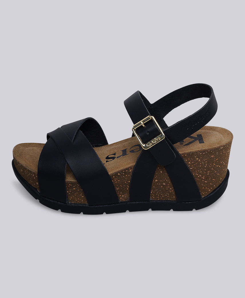 Kickers Women KICK-HEZE Genuine Leather BLACK Wedge Sandal
